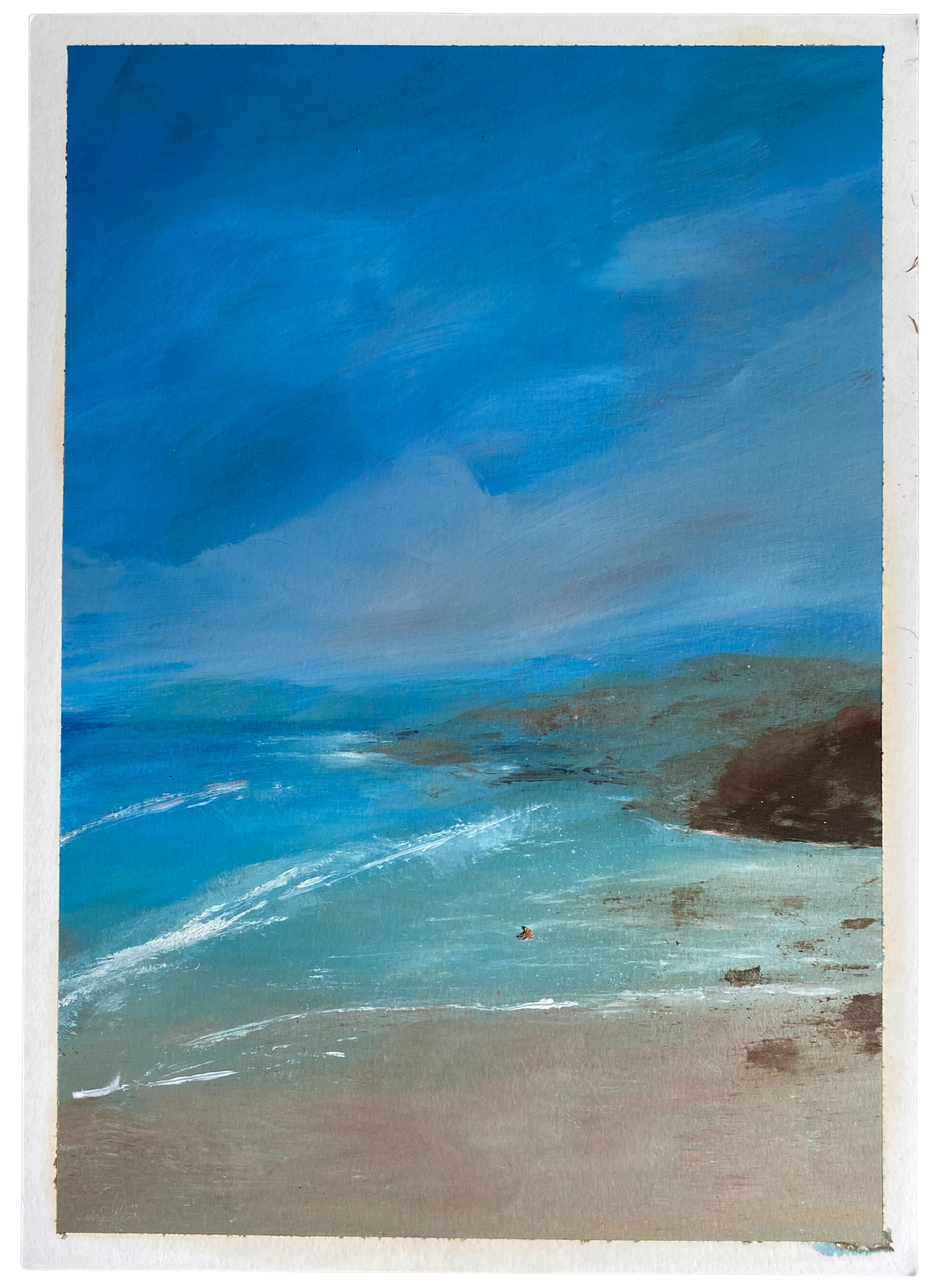 Oil on paper of a beach scene with blue sky and ocean by Geelong Artist Nat Gray