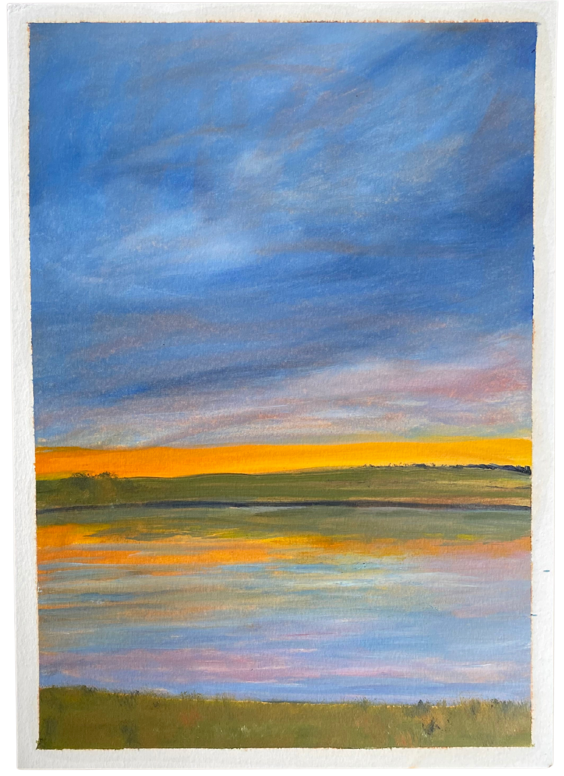 Abstract landscape painting with a blue sky and colorful horizon