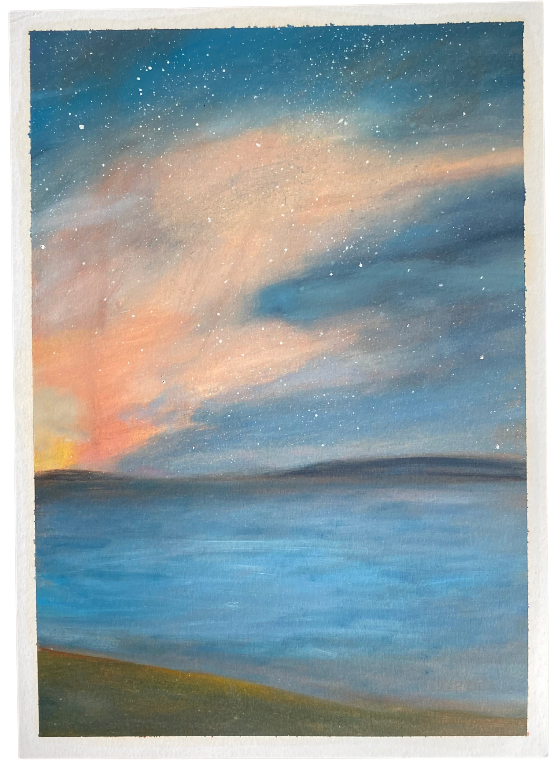Artistic depiction of a landscape with a starry sky and rolling hills.