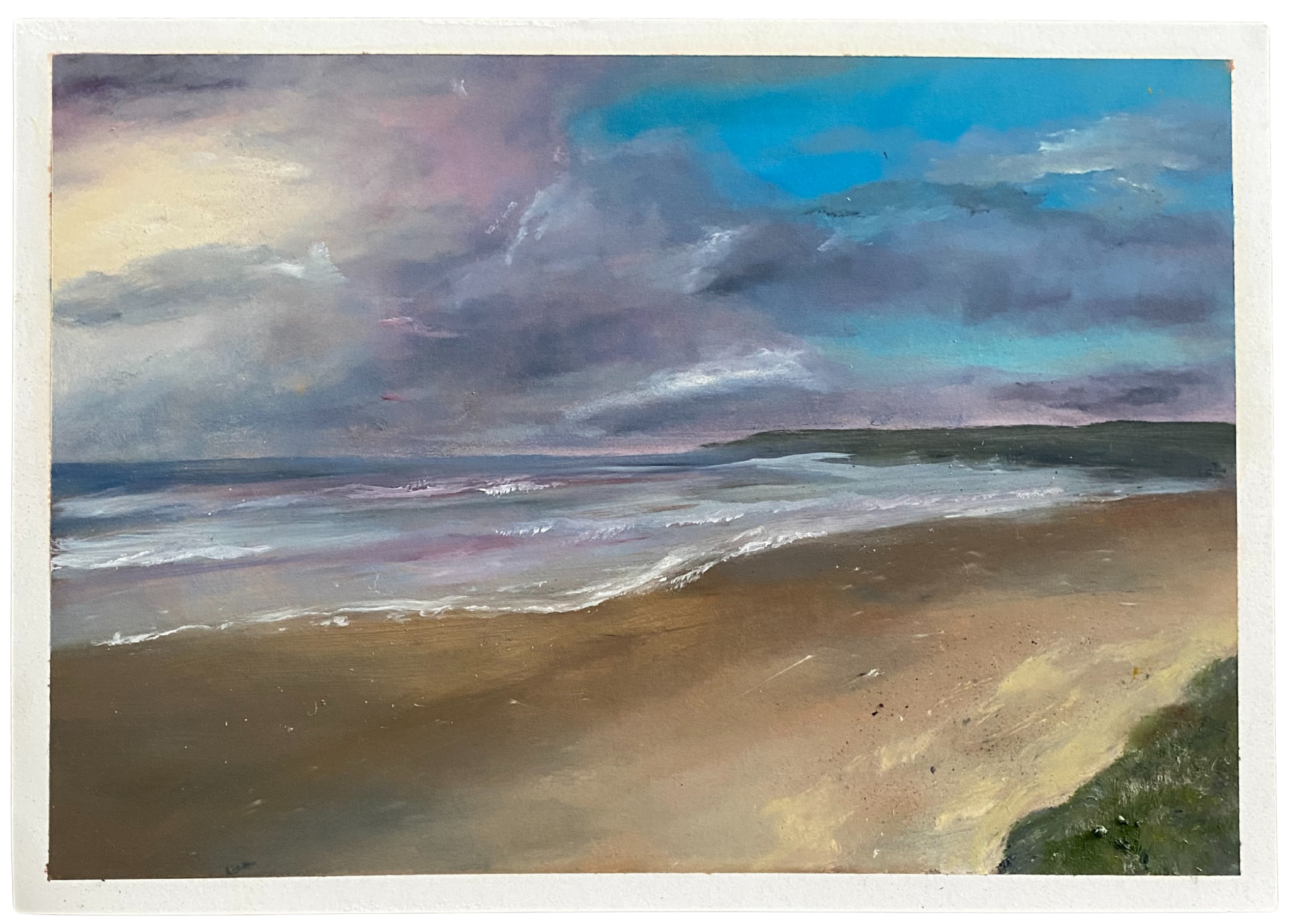 Painting of a beach scene with waves and a cloudy sky by Geelong Artist Nat Gray.