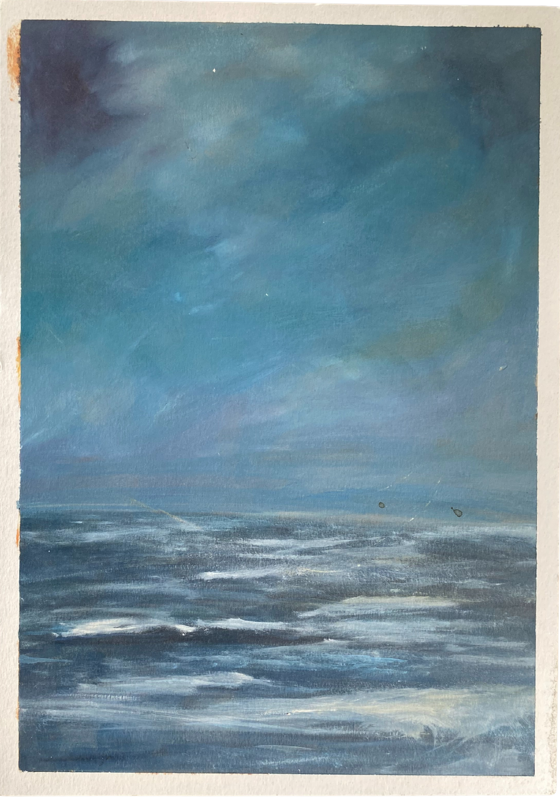 Painting of a seascape with dark blue sky and water