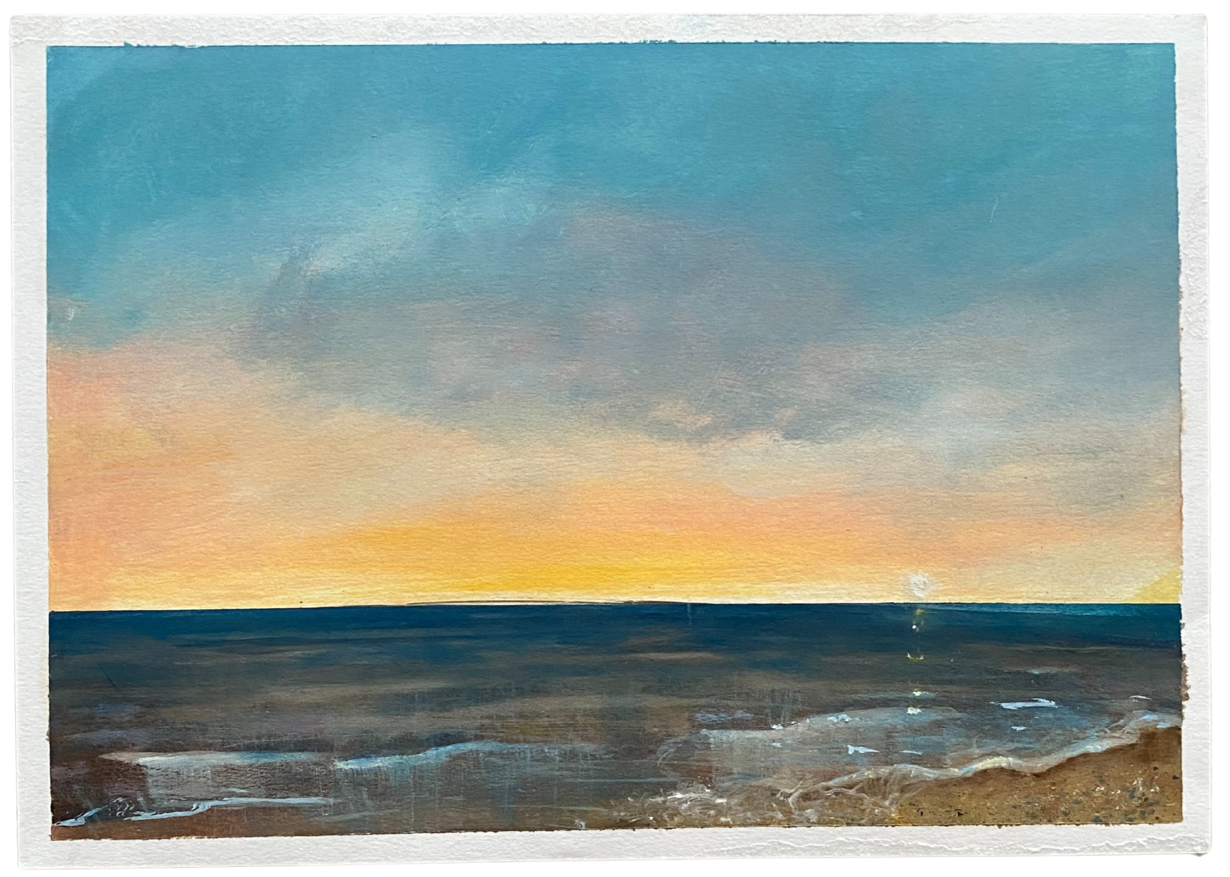 Surreal landscape with a blue sky, orange sunset, and dark water. Original Artwork by Geelong Artist Nat Gray
