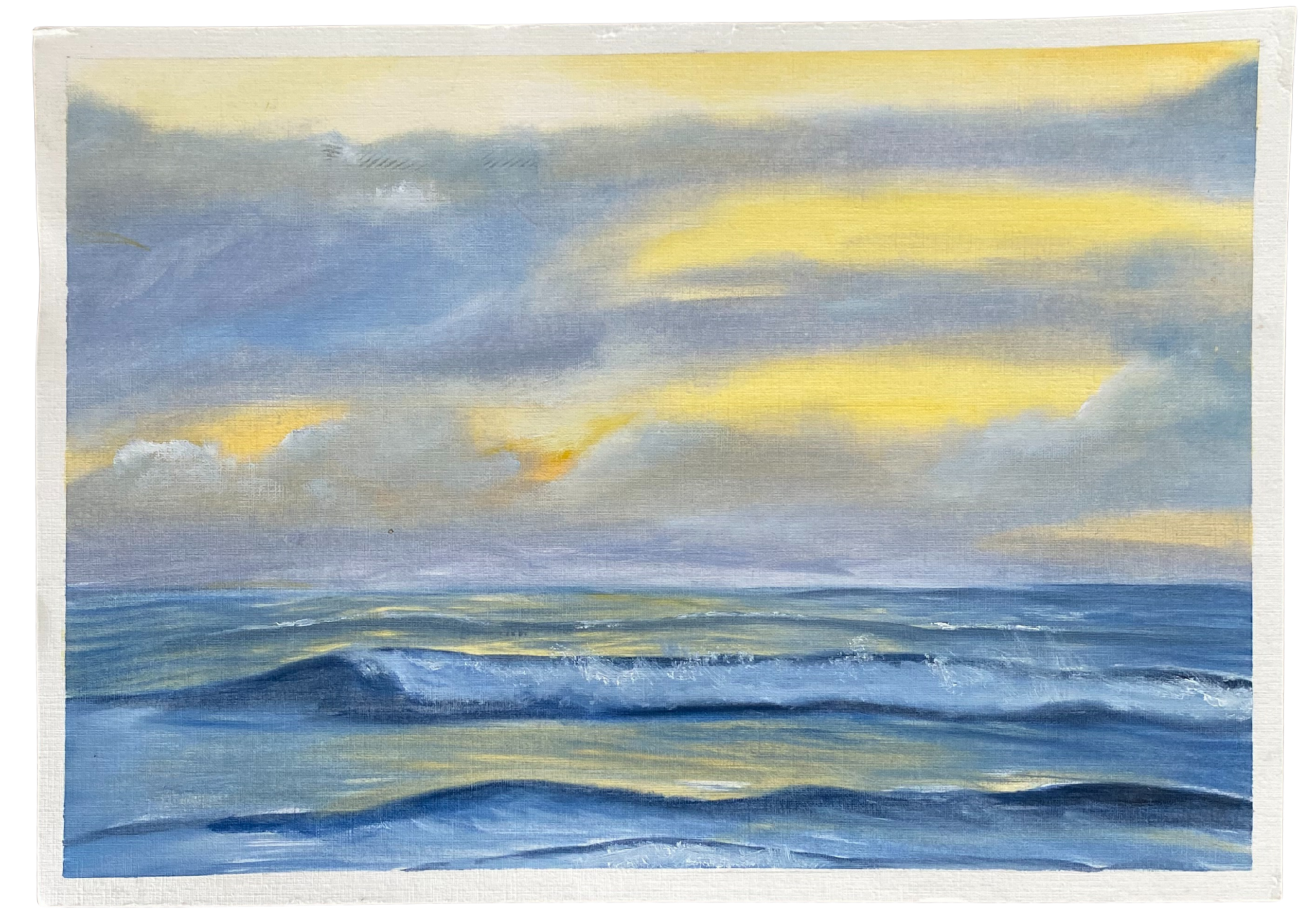 Painting of a serene ocean scene with blue and yellow hues